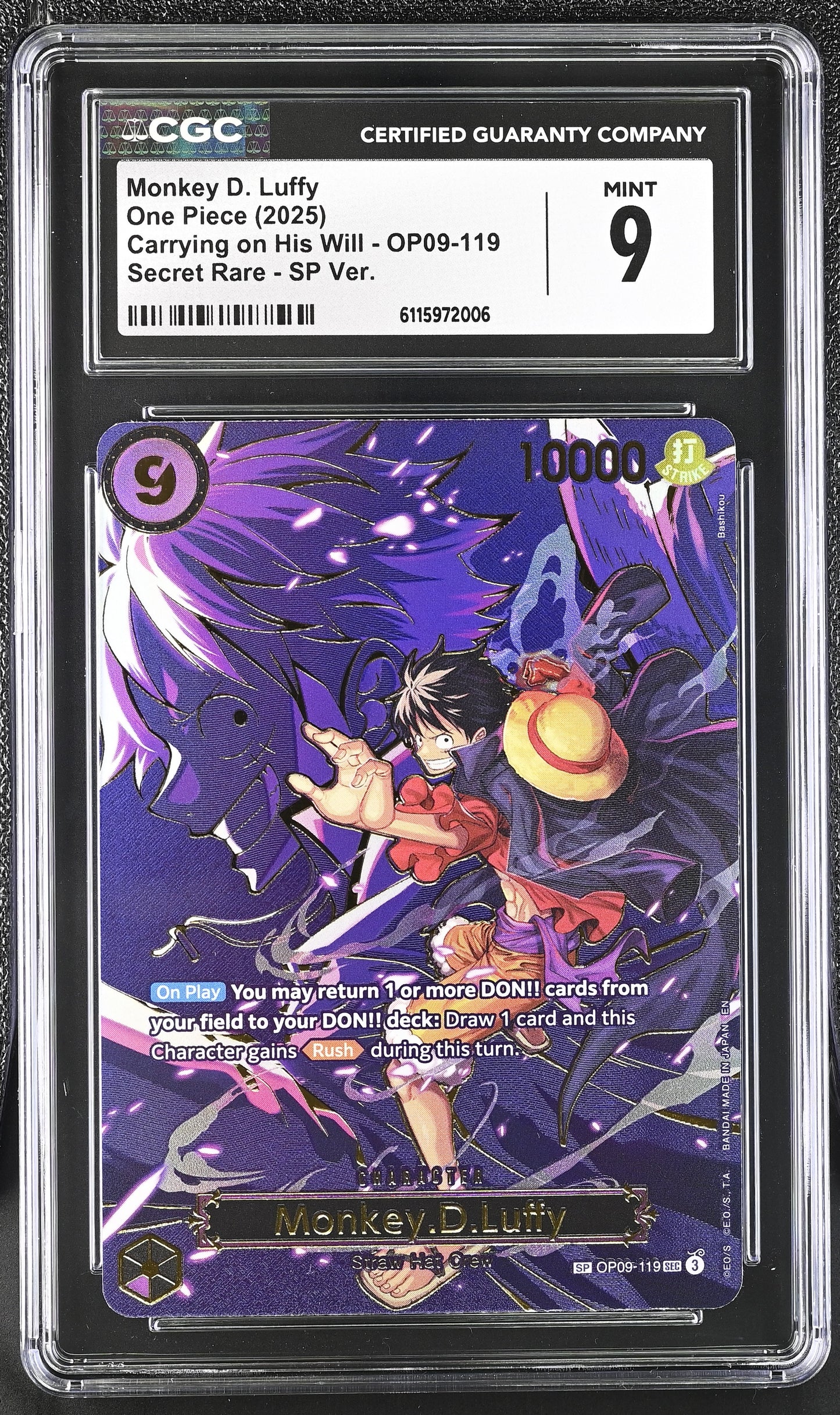 Tarjeta One Piece TCG Carrying on His Will Monkey D. Luffy SP OP09-119 CGC 9