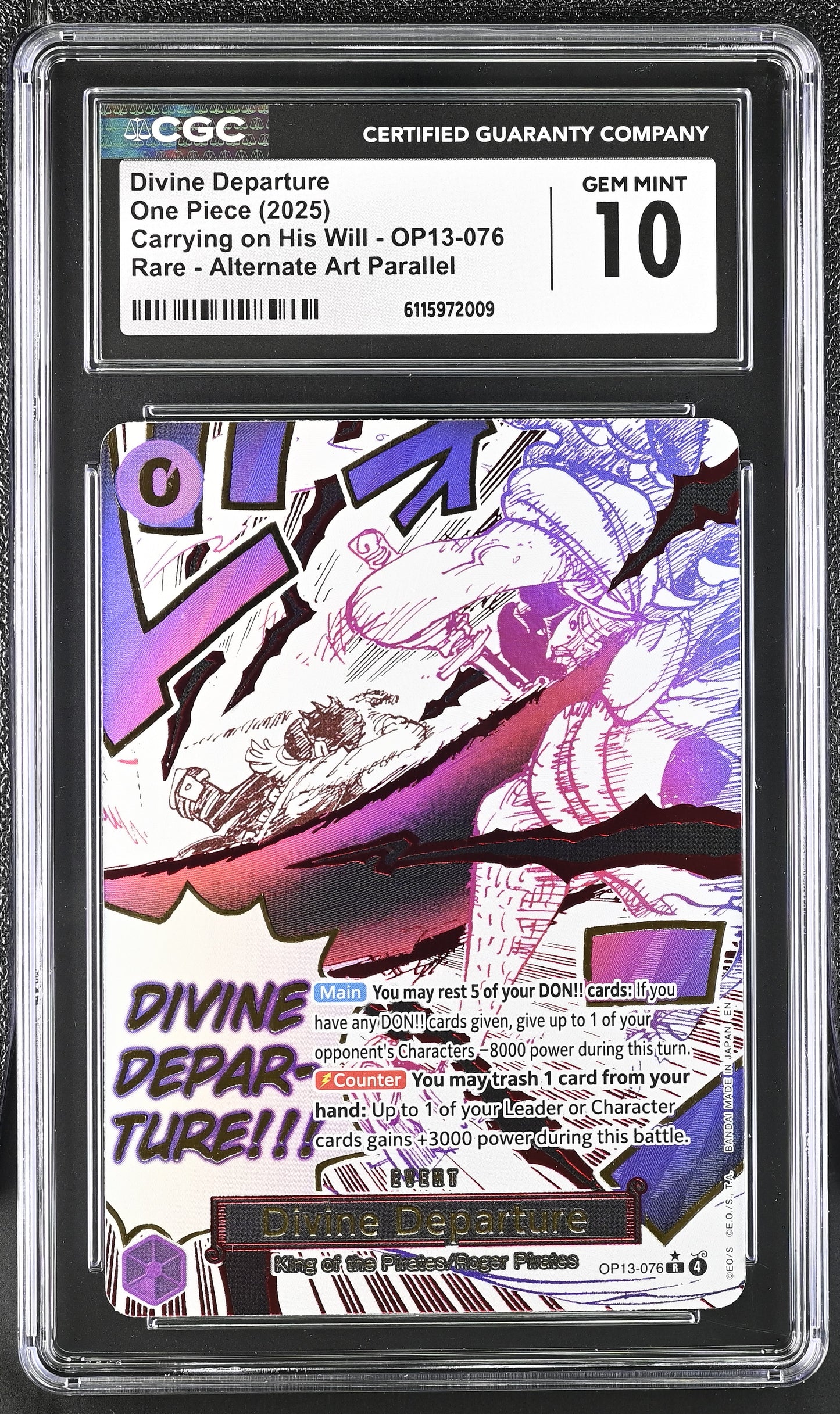 Tarjeta One Piece TCG Carrying on His Will Divine Departure Alt OP13-076 CGC 10